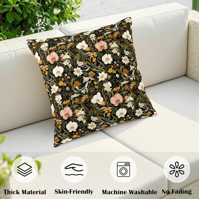 Botanical Floral Pillow Covers Vintage Wildflower Outdoor Pillowcases Spring Summer Boho Black Flower Throw Pillow Covers Cotton Linen Cushion Case 22x22 for Home Farmhouse 2 Pack