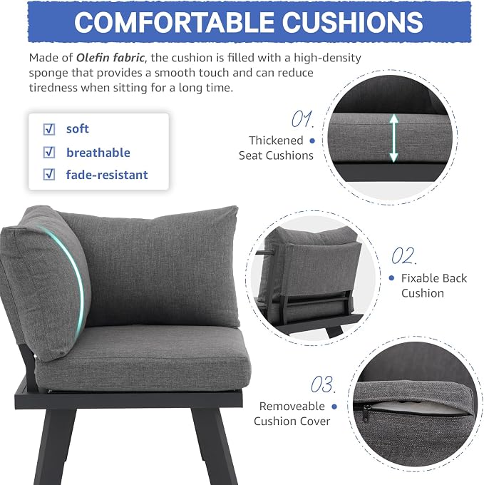 SUNSITT 4-Piece Outdoor Patio Furniture Set L-Shaped Aluminum Sectional Sofa with Faux Wood Grain Top Coffee Table, All-Weather Patio Conversation Set with Cushions, Dark Grey