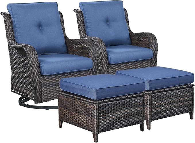 Rilyson Luxury 4 Pieces Patio Wicker Furniture Set, Outdoor Rattan Bistro Set with Rocking Swivel Chair, Ottoman and Thickened Cushions (Brown/Blue)