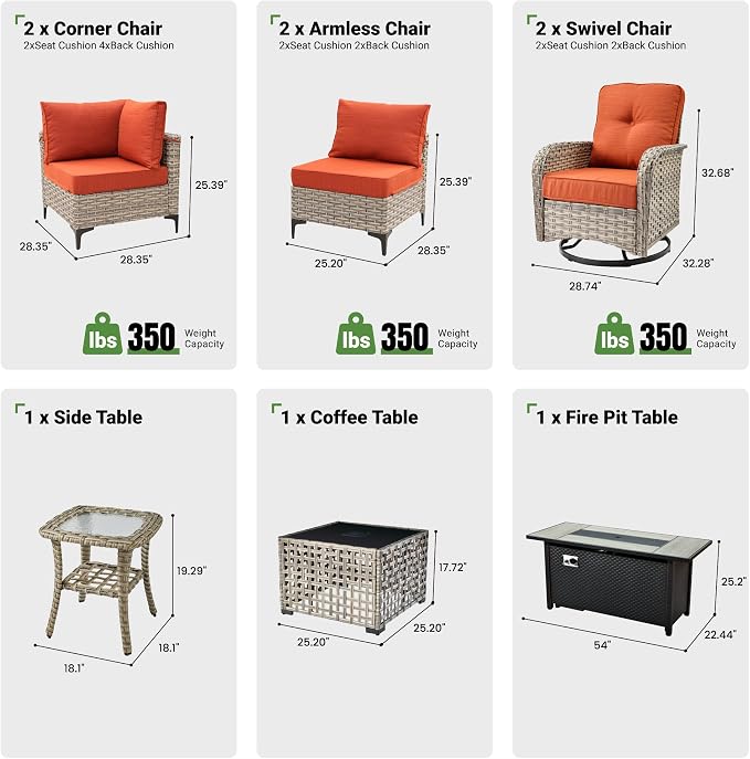 9 Pcs Patio Furniture with Fire Pit Table, Outdoor Rattan Wicker Conversation Set with Glowing Coffee Table, Comfy Sectional Sofa for Porch Balcony Backyard Pool, Orange