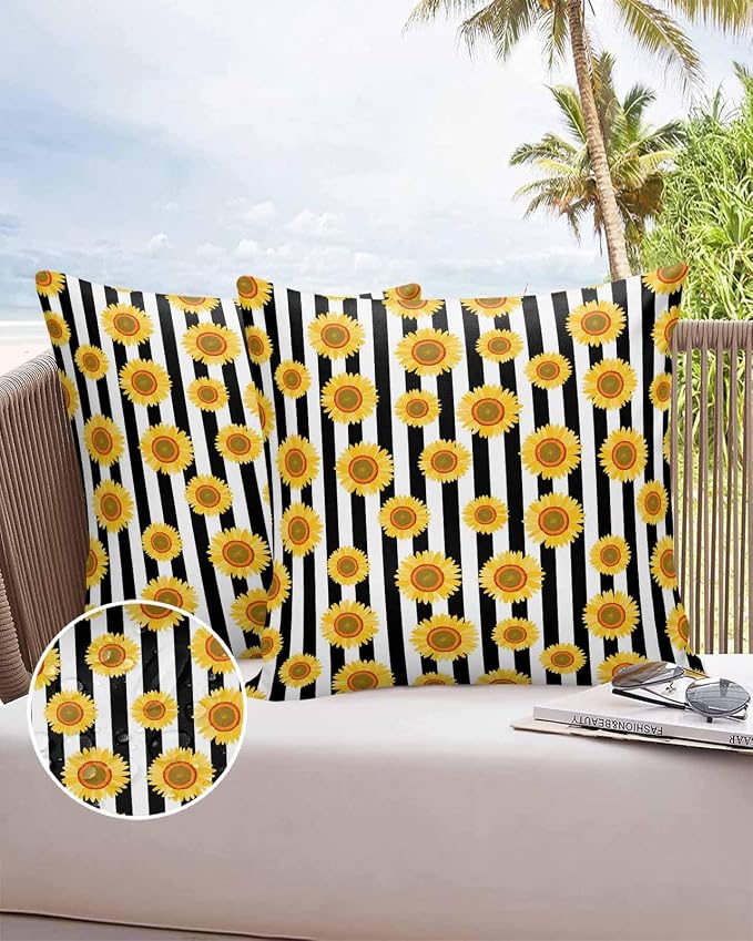 Vandarllin Outdoor Throw Pillows Covers 26x26 inch Set of 2 Waterproof Sunflower Decorative Zippered Cushion Covers for Patio Furniture, Summer Floral Black Stripes Lumbar Pillowcases