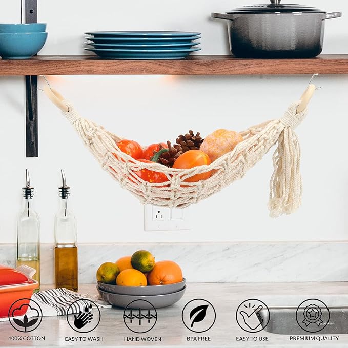 2 Pack Hanging Fruit Hammock Under Cabinet Hanging Basket Includes Hooks - Macrame Bohemian Hanging Banana Vegetable Hammocks Kitchen Storage Counter Space Saving Decoration at Home, Boat, Rv(Style A)