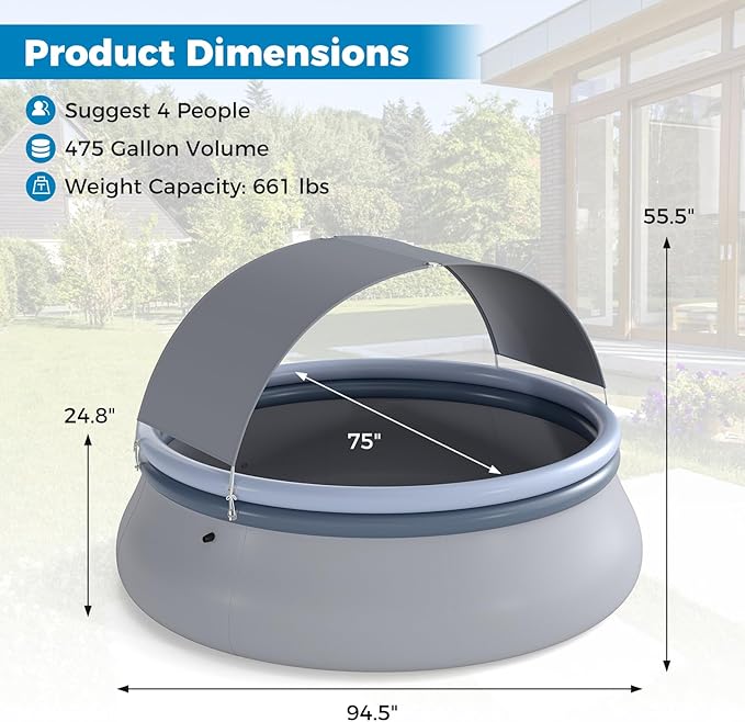 Goplus Inflatable Pool with Canopy, Large Round Above Ground Swimming Pool w/ 2 Air Chambers, Repair Patch, Top Ring Blow Up Pools for Backyard, Lawn, Garden (94.5” x 55.5”)
