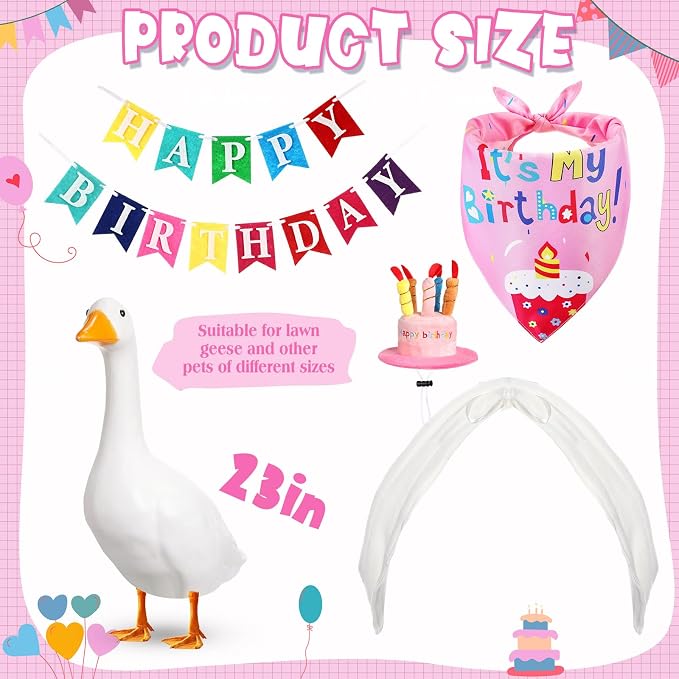 Abbylike 4 Pcs Happy Birthday Porch Goose Outfit for 23" Statues Poseable Porch Goose Wings Birthday Cake Hat for Lawn Patio Outdoor Geese Statue Decoration Accessories (Pink,Bib Style)