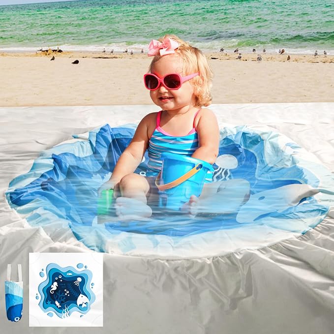 6.5 X 6.5Ft Baby Beach Pool, 2 in 1 Square Portable Cartoon Ocean Theme Toddler Beach Puddle, Waterproof Sandproof Cute Toddler Paddling Pool Beach Blanket with Carrying Bag for Boys Girls