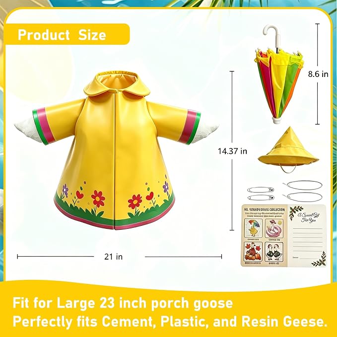 Floral Raincoat Porch Goose Outfits: 3 Pcs/Set Yellow Lawn Goose Statue Rain Coat Costume with Umbrella Hat - Summer Yard Goose Clothes for 23 Inch Goose Statue - Patio Garden Porch Lawn Outdoor Decor
