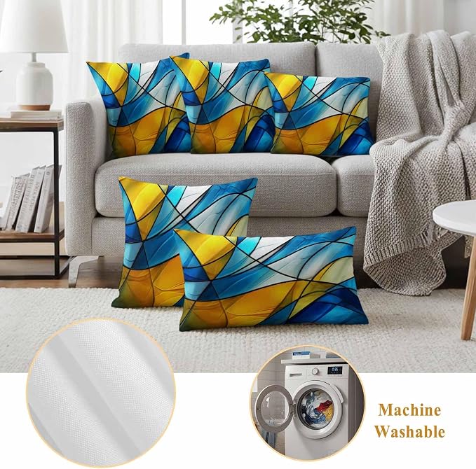 Abstract Art Outdoor Waterproof Pillow Covers Set of 2, Blue Yellow Gradient Wavy Lines Geometric Modern Pillowcase Decorative Throw Cushion Cases for Patio Garden Couch 20 x 12 Inches