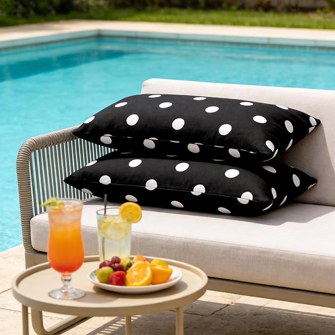 SquarePie Pack of 2 Outdoor Lumbar Pillow Covers Waterproof Decorative Throw Pillowcase Patio Cushion Covers Cases for Spring Garden Couch Balcony Bench Sofa,12x20 inch Black Polka Dot