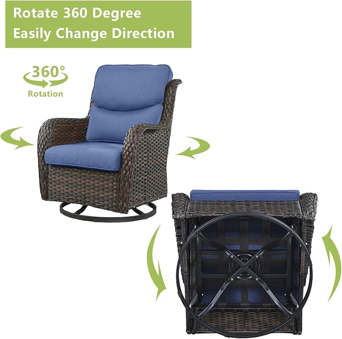 Rilyson Wicker Patio Furniture Set - 5 Piece Rattan Outdoor Sectional Conversation Sets with 2 Swivel Rocking Chairs,2 Ottomans and 1 Side Table for Porch Deck Garden(Brown/Blue/Smile)