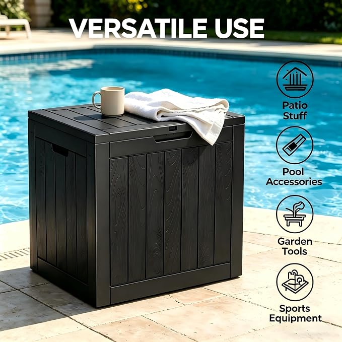 34 Gallon Outdoor Storage Box, Resin Deck Box Waterproof, Raised Bottom Outdoor Storage Bin with Lockable Lid for Patio Cushions & Garden Tools - Black