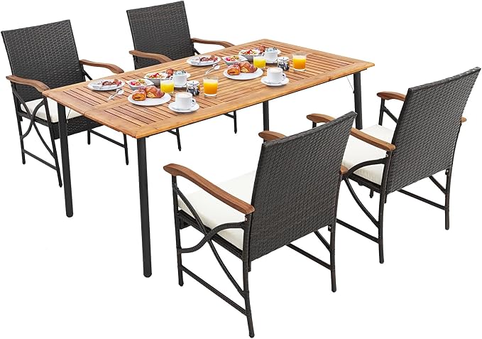 Tangkula 5 Pieces Outdoor Dining Set with Acacia Wood Table & 4 Wicker Rattan Armrest Chairs, Detachable Cushions, Umbrella Hole, All-Weather Patio Conversation Furniture Set for Garden Deck (5 PCS)