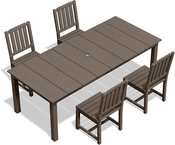 PLUUV 5-Piece Outdoor Dining Set – HDPE Patio Furniture with Aluminum Table, Umbrella Hole, and 4 Armless Chairs, All-Weather Resistant for Garden & Backyard, Coffee
