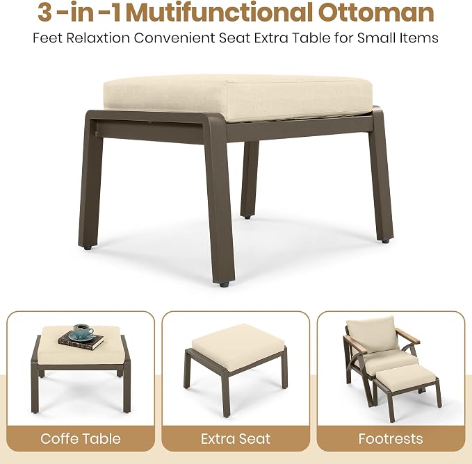 6-Piece Outdoor Patio Furniture Set,Steel Frame Sofa Set with 3-Seat Couch, 2 Armchairs,2 Ottomans & Acacia Wood Coffee Table, Cushioned Seating for Backyard, Garden,Poolside (Cream Beige#56)