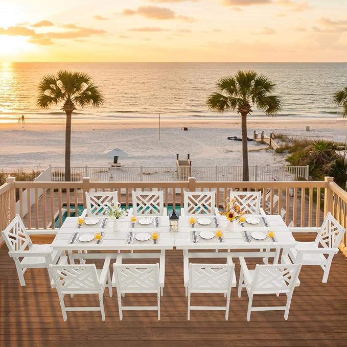 HDPE Dining Table Set for 10,12-Piece Outdoor Table and Chairs Include 10 Dining Chairs and 2 Pcs 62.5" Patio Dining Table with Umbrella Hole (White)