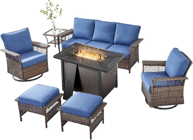 Patio Furniture Set with Fire Pit Table, 7PCS Patio Conversation Set Brown Resin Wicker Swivel Patio Chair Sofa Ottoman Set with Side Table and Fire Table PE Rattan Furniture Set