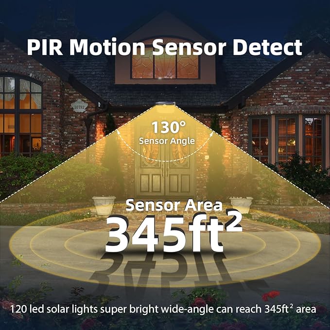 HMCITY 120 LED Solar Lights Outdoor Motion Sensor, 8 Pack, Black Warm | 3 Lighting Modes, IP65 Waterproof, Front Button Control, Wide Solar Wall Lights Ideal for Garden Patio Yard