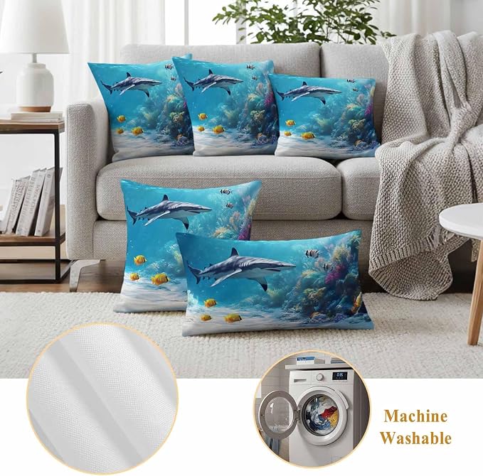 JasmineM Outdoor Pillow Cover Set of 2 Ocean Shark Waterproof Throw Pillow Covers Underwater Decorative Pillowcases Garden Cushion Case for Patio Couch Sofa 20x20 Inch