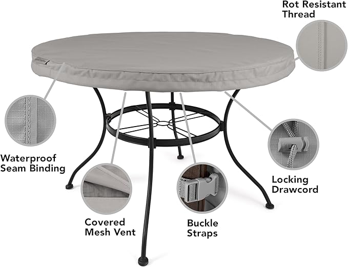 Covermates Ultima Outdoor Round Dining Table Top Cover – Rip-Resistant All-Weather Water-Resistant Polyester, Mesh Vent, Drawcord & Buckle Straps, Patio Protection, Round 42-48 DIAMETER, Ripstop Grey