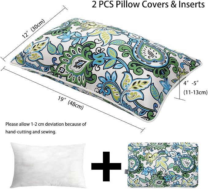 Pack of 2 Outdoor Waterproof Lumbar Rectangular Throw Pillow with Insert, Home Decorative Toss Pillows All Weather Cushion for Patio Garden Car Office (12x20 Inch, Botanical Blue Green)