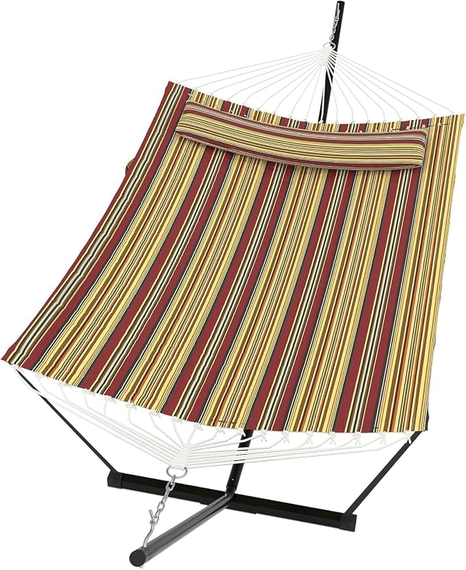 2 Person Hammock with Stand for Outside, Double Hammock with Stand and Pillow, Max 450 Lbs Capacity with Balance Rope, Large Hammock for Outdoor Patio Backyard Poolside