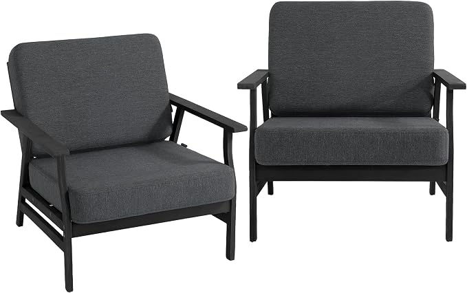 Dark Wood Patio Chair Outdoor Bistro Set, 2 Piece Outdoor Armrest Chair All Weather Patio Sofa Furniture Backyard Conversation Sets with Cushions - Dark Gray