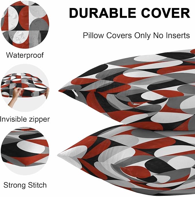 Vandarllin Outdoor Throw Pillows Covers 18x18 inch Set of 2 Waterproof Mid Century Geometric Decorative Zippered Cushion Covers for Patio Furniture, Abstract Modern Red Lumbar Pillowcases