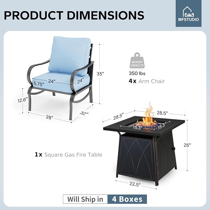 MFSTUDIO 5 Pieces Patio Conversation Sets, Outdoor Metal Furniture Sofas with 1 x 28 50,000 BTU Square Propane Fire Table and 4 x Wrought Iron Frame Sofa Chairs with Blue Cushion