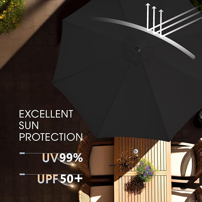 wikiwiki 10FT Patio Umbrella with Base, Outdoor Umbrellas with Base Included, 8 Sturdy Ribs, Waterproof Fade Resistant POLYESTER DTY Canopy for Deck, Lawn, Garden, Backyard & Pool, Black