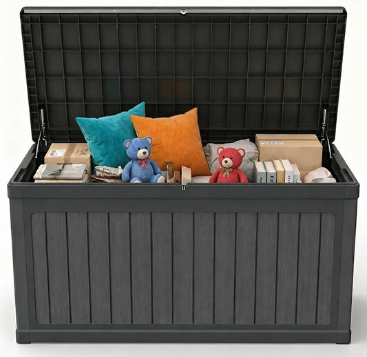 MOCUTEEN 260 Gallon Deck Box, Large Storage Bins with Lids for Furniture, Patio Cushion, Toy Storage, Lockable and Waterproof Storage Container With Support Rod, Black