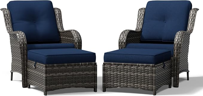 Joyside 4 Piece Wicker Patio Furniture Set, Rattan Patio Chairs with High Back, Deep Seating, Wide Armrest, Thickened Cushions, Outdoor Furniture for Deck, Porch Use