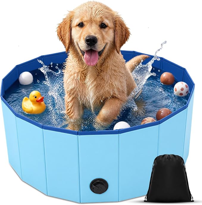 Chunful Blue Foldable Dog Pool with Storage Bag, Pet Swimming Pool Hard Plastic Portable Bath Tub for Dogs, Cats, Backyard, Beach, and Summer Play, Indoor & Outdoor Use (31.5" X 12")