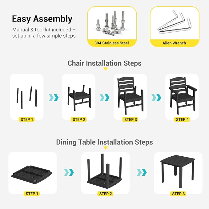 5-Piece HDPE Outdoor Dining Set for 4, Outdoor Table and Chairs | Weather Resistant Patio Table and Chairs set, Square Table with Umbrella Hole for Garden, Backyard, Lawn and Poolside, Black