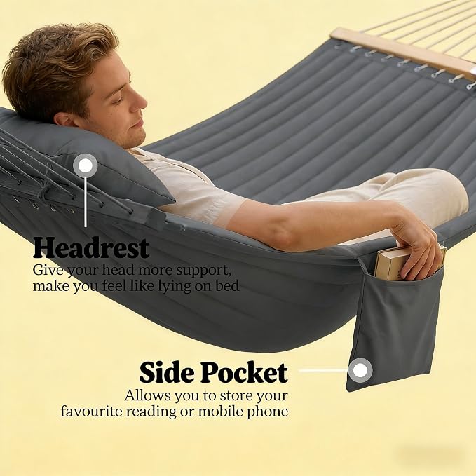 Double Hammock Outdoor Patio Garden Spreader Bars Gray | Quilted Polyester Extra Wide 2 Person Hammock Beechwood Spreader Bars Detachable Pillow Pocket and Hanging Kit Included