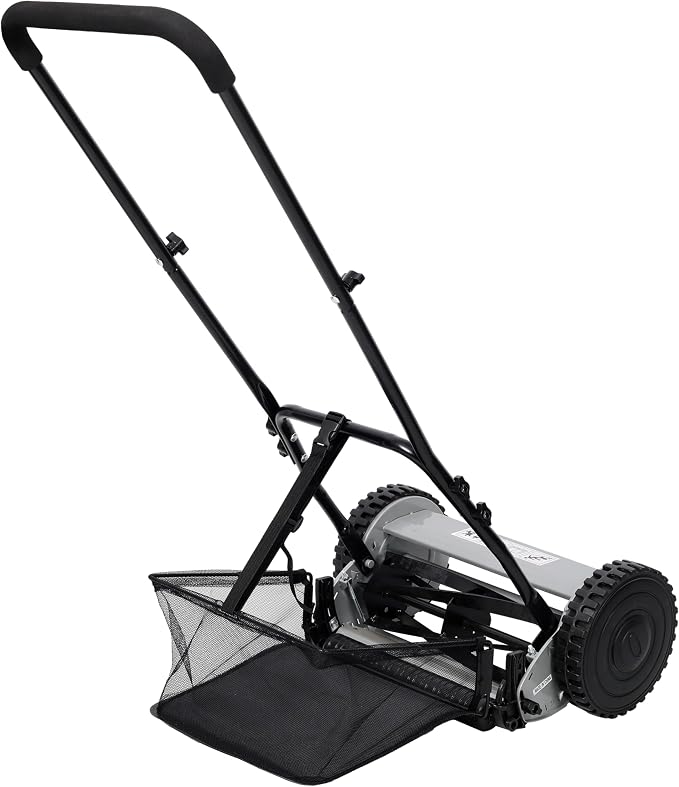 14-Inch 5-Blade Push Reel Lawn Mower with Grass Catcher Gray Precision Cutting Adjustable Blade Height Versatile Grass Cutting Eco-Friendly Steel