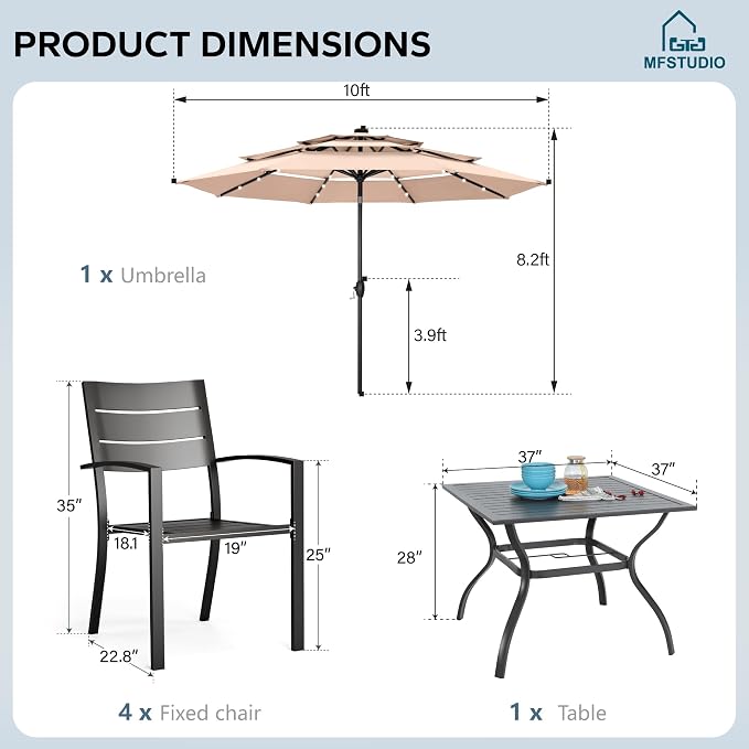 MFSTUDIO Outdoor Dining Set with Umbrella, Metal Patio Dining Set for 4 Persons, 6 Piece Patio Furniture Set with Beige Umbrella (Base not Included)