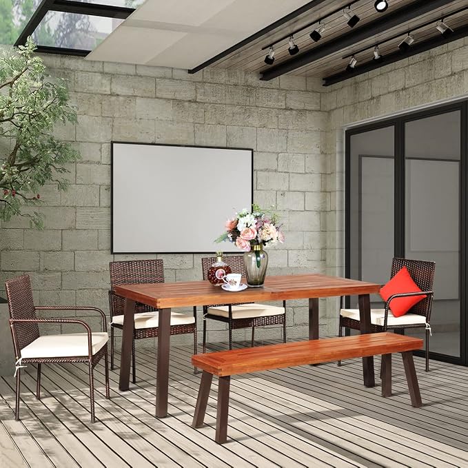 Tangkula 6 Piece Acacia Wood Patio Dining Set, Patiojoy Outdoor Wicker Furniture Set w/Bench, 4 Cushioned Rattan Chairs & Wood Table with Umbrella Hole, Ideal for Backyard Garden Porch