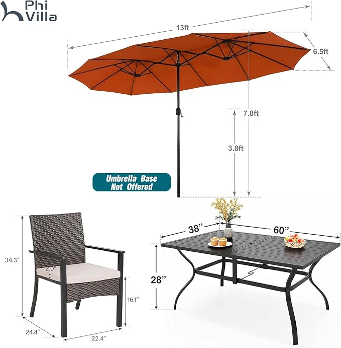 PHI VILLA 7pc Patio Dining Set with Red Umbrella, 6 Rattan Chairs | 60" Metal dining table, 6 cushioned rattan wicker chairs, 13ft red umbrella. Perfect for patio, deck, yard, or porch.