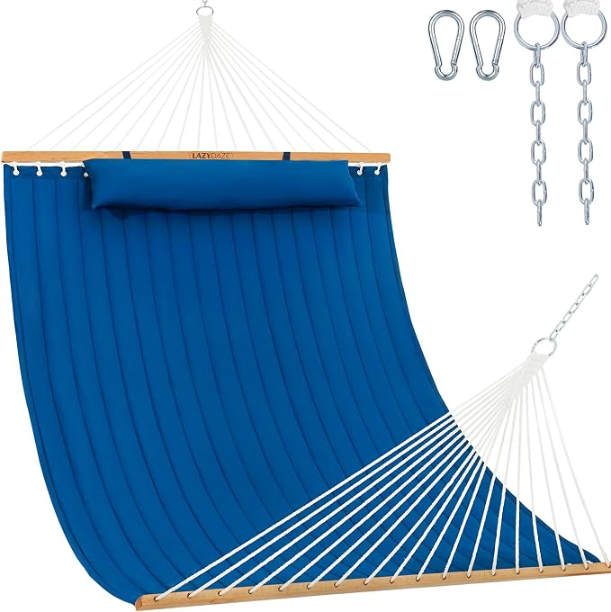 Lazy Daze 12 FT Double Quilted Fabric Hammock with Spreader Bars and Detachable Pillow, 2 Person Hammock for Outdoor Patio Backyard Poolside, 450 LBS Weight Capacity, Dark Blue/Natural