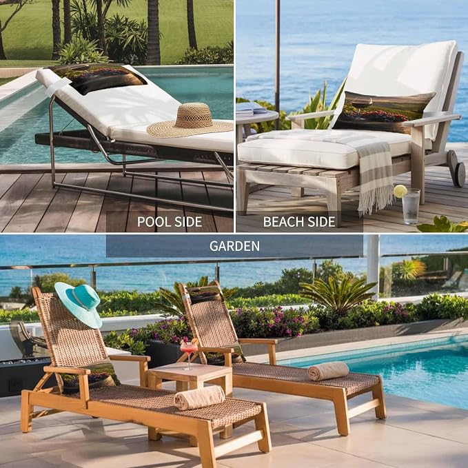 Outdoor Chair Pillow Headrest for Patio Pool Chaise Lounge, Country Recliner Head Pillow, Grapes Casks Wine Farmhouse Waterproof Pillowcases Adjustable Neck Lumbar Pillows & Insert 12x20x2pcs