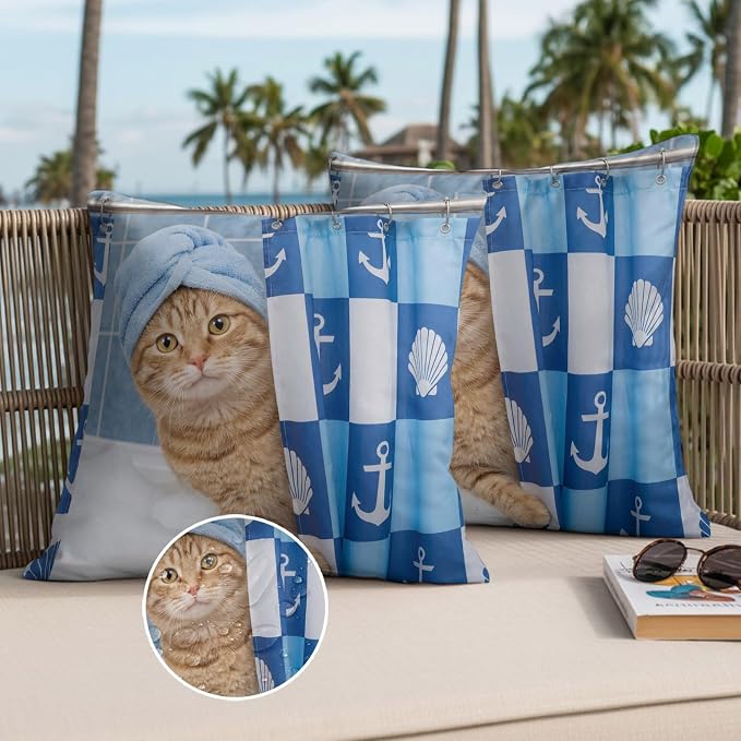 Bathing Cat Waterproof Outdoor Pillow Covers Set of 2 Home Decor, Funny Animal Showering Pillowcase Patio Pillow Covers for Couch Bench Patio Furniture Garden 26x26in