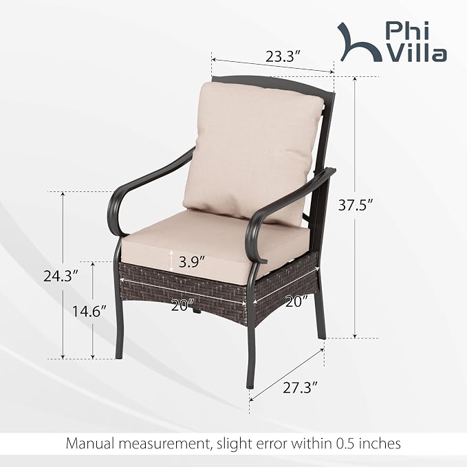 PHI VILLA Patio Dining Chairs Outdoor Wicker Chairs Set of 4 with Cushions | Heavy Duty Outdoor Metal Wicker Dining Chair with Padded Cushions, Large All Weather Wrought Iron Patio Chair for Balcony