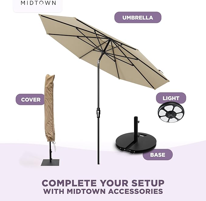 The Swilt 8 Feet Outdoor Umbrella With Terylast Chestnut (Beige) Polyester Fabric - Fiberglass Ribs, Auto-Tilt And Swivel Aluminum Frame Patio Umbrella For Deck, Garden, Pool - Black Pole