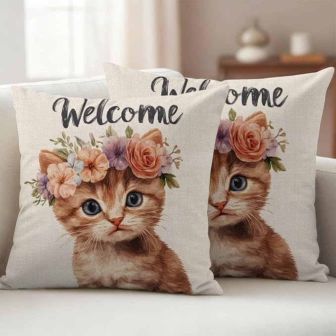 Cute Cat Outdoor Waterproof Throw Pillow Covers Set of 2, 26"x26", Garland Welcome Retro Decorative Pillow Covers Outside Cushion Case for Patio Porch Garden