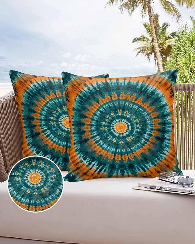 Vandarllin Outdoor Throw Pillows Covers 20x20 inch Set of 2 Waterproof Turquoise Orange Tie-Dye Art Decorative Zippered Cushion Covers for Patio Furniture, Abstract Boho Tribe Lumbar Pillowcases