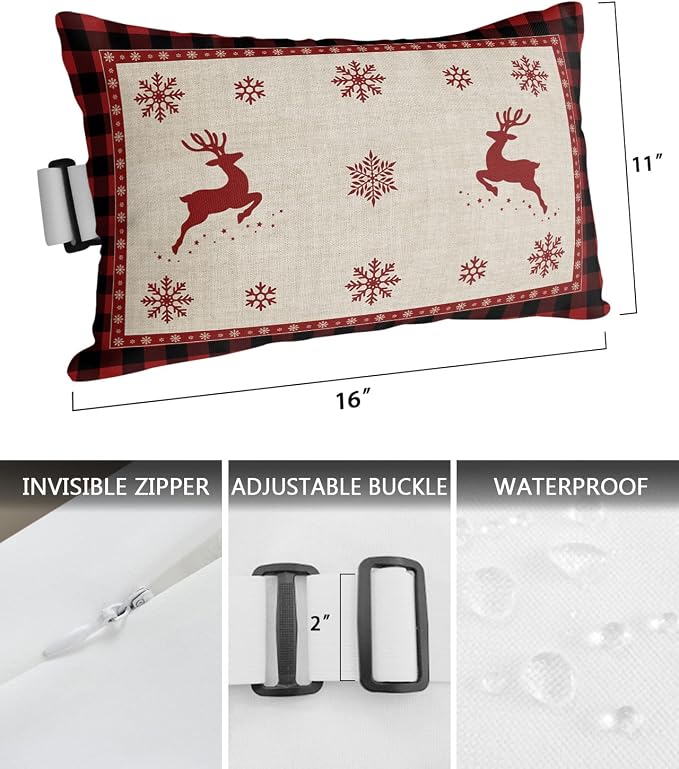 Outdoor Pillows Covers with Inserts Christmas Elk Snowflake Red Black Buffalo Plaid Waterproof Pillow with Adjustable Strap Throw Pillows for Patio Furniture Recliner Lounge Chair, 11x16 inch, 1PCS