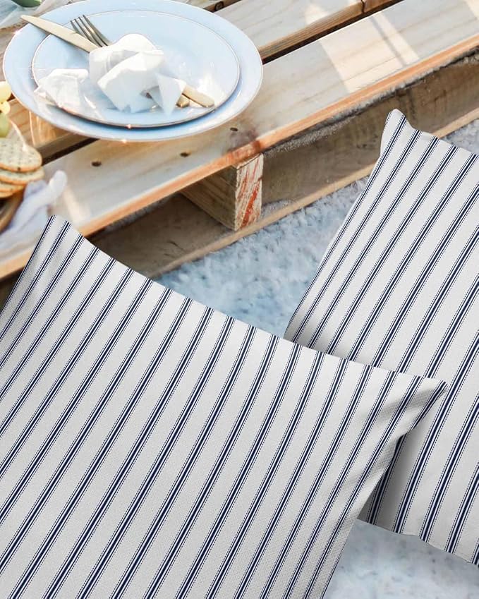 Outdoor Waterproof Throw Pillow Covers 24x24in, Modern Striped Cushions for Garden Patio Furniture Chairs Set of 2, Navy Blue White Home Decor Couch Sofa Polyester Pillow Cases