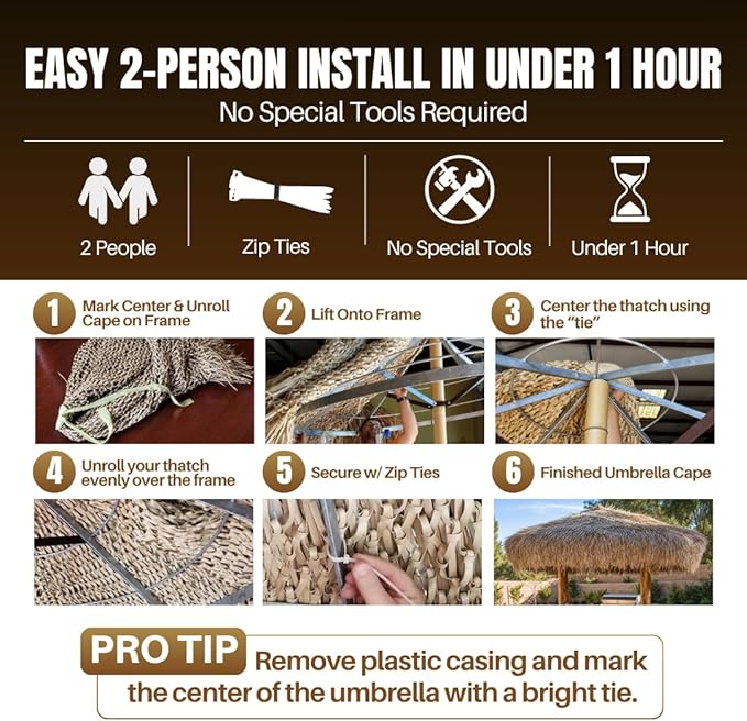 Mexican Straw Roof Thatch – 12ft Tiki Umbrella for Outdoor Shade, Patio, Tiki Bars – Eco-Friendly Natural Grass Cover, Easy Installation, Tropical DIY Roof Cover, Not Waterproof