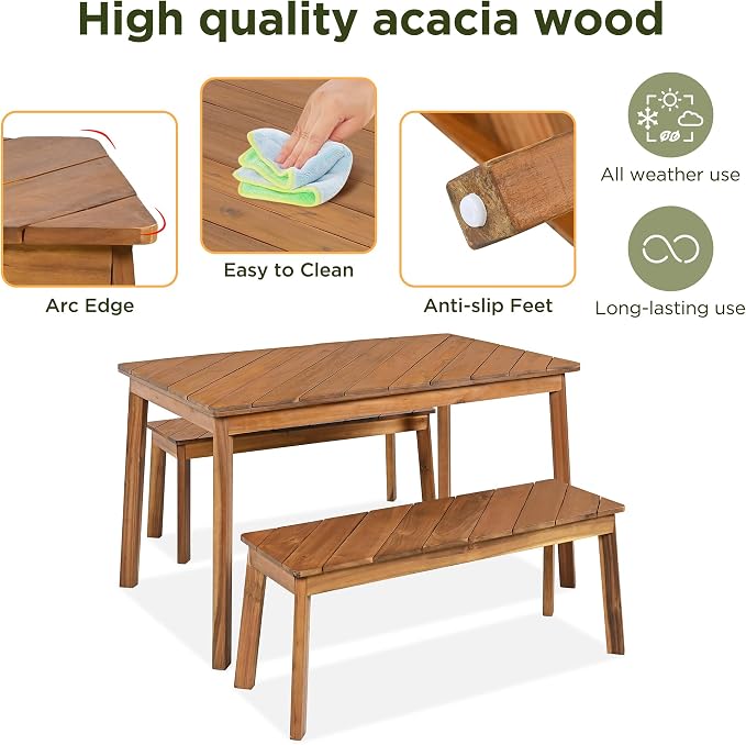 Merax Outdoor Dining Set for 4-6, 3PCS Patio Table and Bench Set, 2 Acacia Wood Diagonal Grain Patio Benches and Rectangular Dining Table, Outdoor Furniture Set for Patio, Garden, Natural