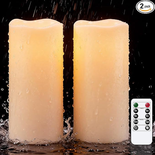 Outdoor Candles Waterproof, 8” x 4” Large Battery Operated Candles with Remote Timer, Pillar Flameless Outdoor Candle Flickering for Lartern Porch Patio Gardern Decor(Set of 2)