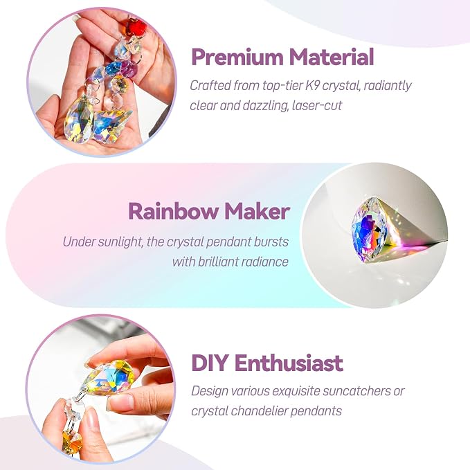 212pcs Sun Catcher Crystal Making Kit for Adults Prism Crystals Lamps Decor | K9 crystal prism suncatcher, rainbow maker for window & home, 12 hanging prisms set, shiny decor pendants chandelier part